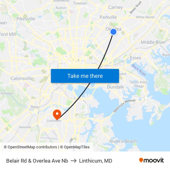 Belair Rd & Overlea Ave Nb to Linthicum, MD map