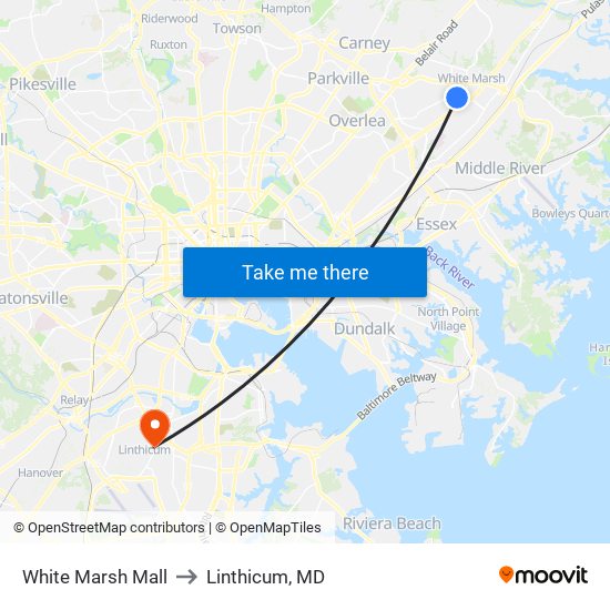 White Marsh Mall to Linthicum, MD map