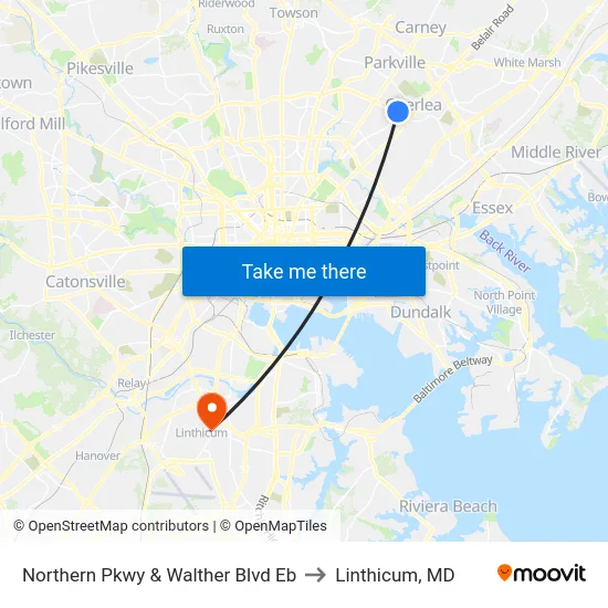Northern Pkwy & Walther Blvd Eb to Linthicum, MD map