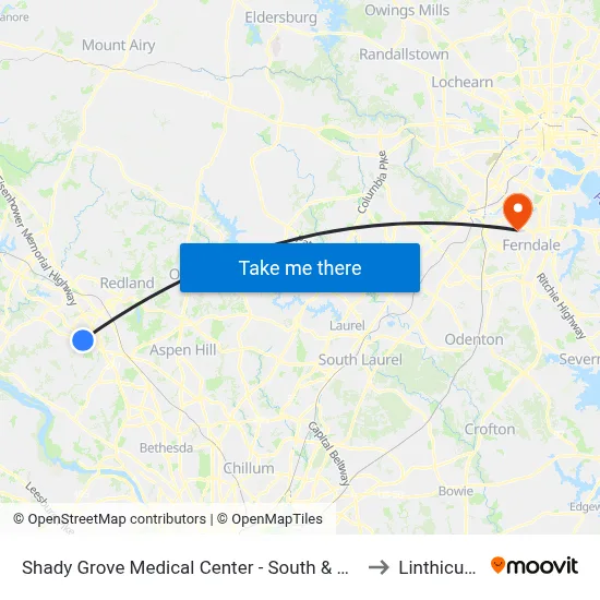 Shady Grove Medical Center - South & Medical Center Way to Linthicum, MD map