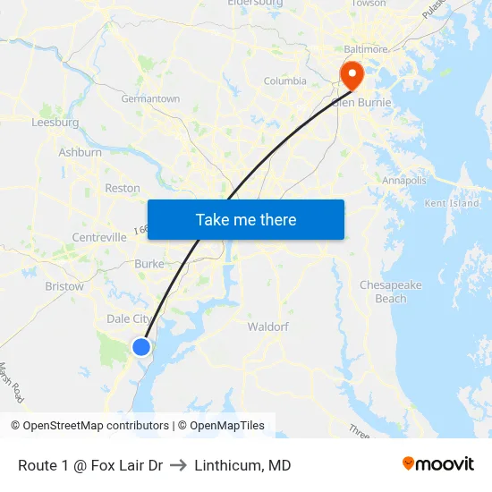 Route 1 @ Fox Lair Dr to Linthicum, MD map