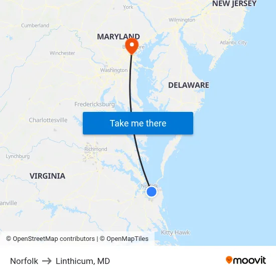 Norfolk to Linthicum, MD map