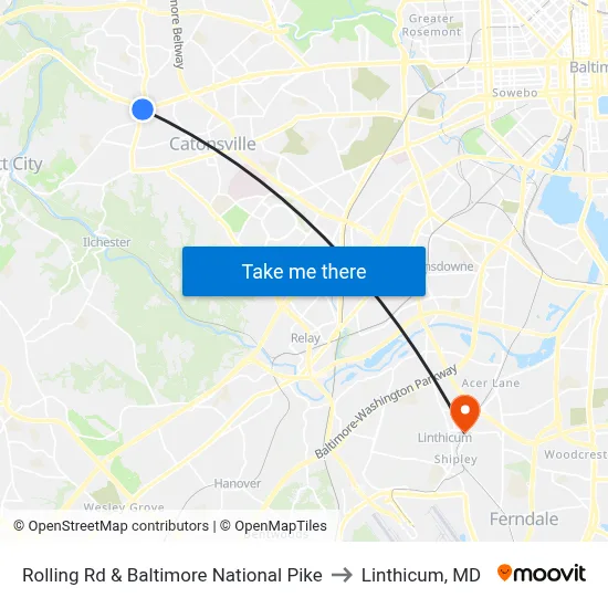 Rolling Rd & Baltimore National Pike to Linthicum, MD map