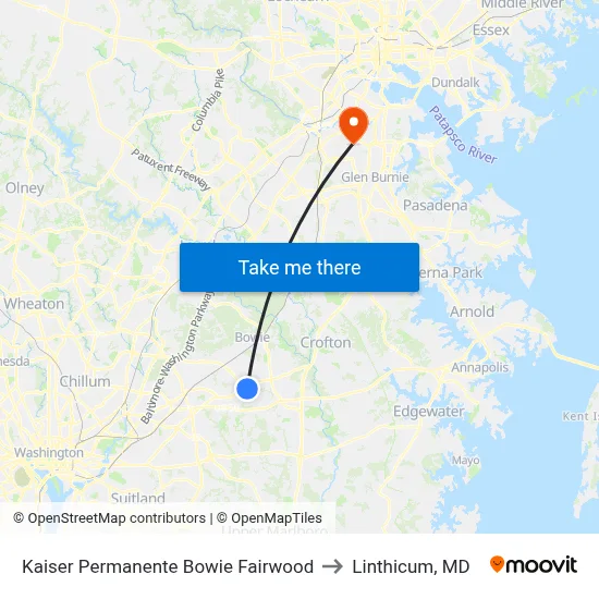 Kaiser Permanente Bowie Fairwood to Linthicum, MD map