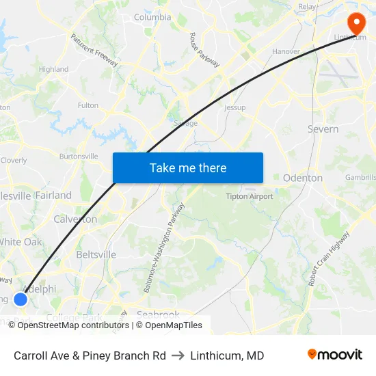 Carroll Ave & Piney Branch Rd to Linthicum, MD map