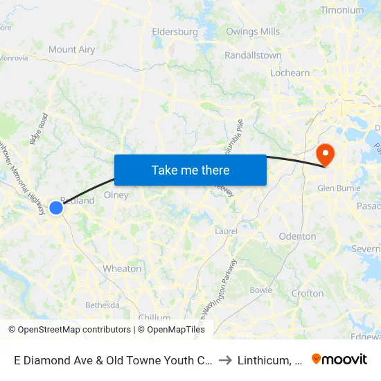 E Diamond Ave & Old Towne Youth Center to Linthicum, MD map