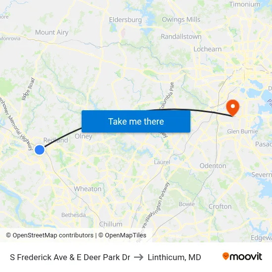 S Frederick Ave & E Deer Park Dr to Linthicum, MD map