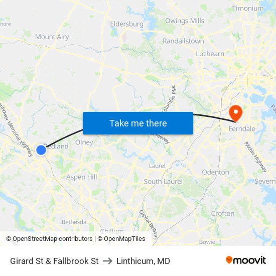 Girard St & Fallbrook St to Linthicum, MD map