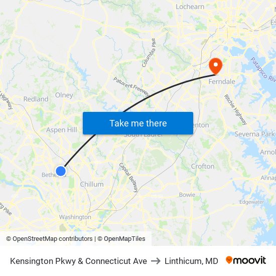 Kensington Pkwy & Connecticut Ave to Linthicum, MD map