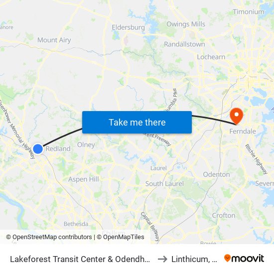 Lakeforest Transit Center & Odendhal Ave to Linthicum, MD map