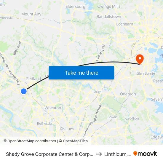 Shady Grove Corporate Center & Corporate Blvd to Linthicum, MD map