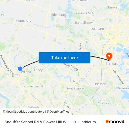 Snouffer School Rd & Flower Hill Way to Linthicum, MD map