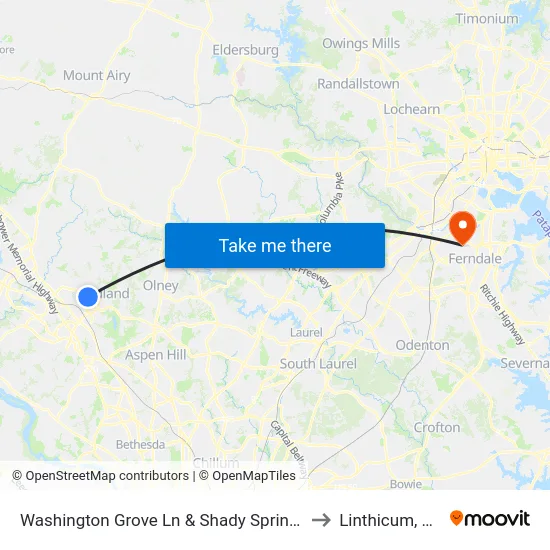 Washington Grove Ln & Shady Spring Dr to Linthicum, MD map