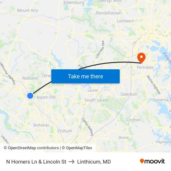 N Horners Ln & Lincoln St to Linthicum, MD map