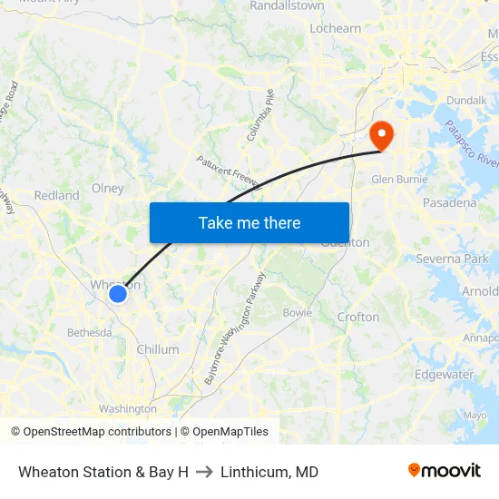 Wheaton Station & Bay H to Linthicum, MD map