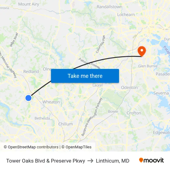 Tower Oaks Blvd & Preserve Pkwy to Linthicum, MD map