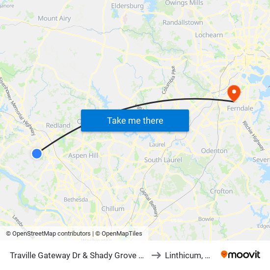 Traville Gateway Dr & Shady Grove Rd to Linthicum, MD map