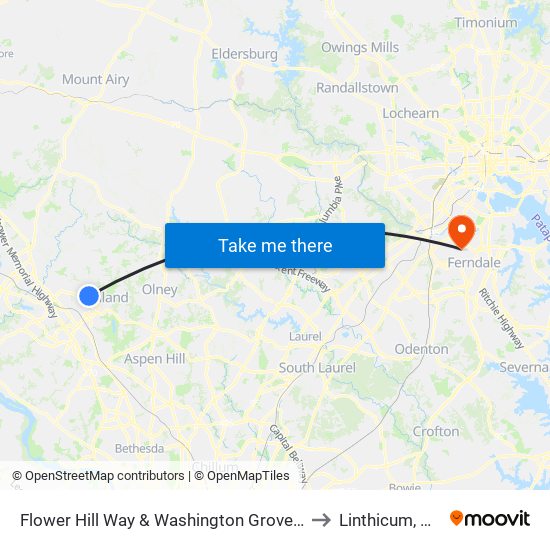 Flower Hill Way & Washington Grove Ln to Linthicum, MD map