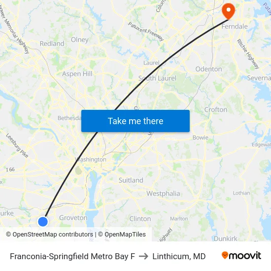Franconia-Springfield Metro Bay F to Linthicum, MD map