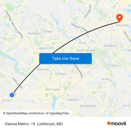 Vienna Metro to Linthicum, MD map