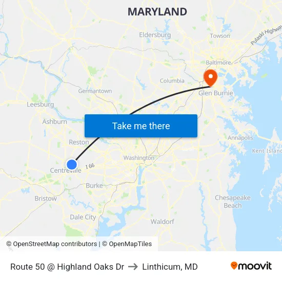 Route 50 @ Highland Oaks Dr to Linthicum, MD map