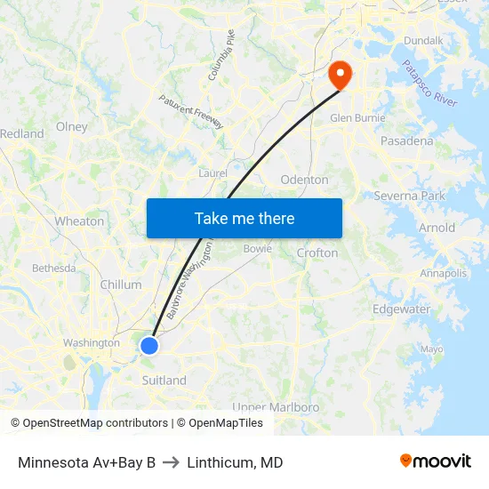 Minnesota Av+Bay B to Linthicum, MD map