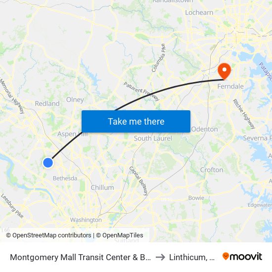 Montgomery Mall Transit Center & Bay D to Linthicum, MD map