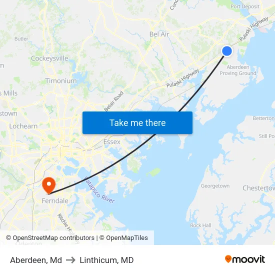 Aberdeen, Md to Linthicum, MD map