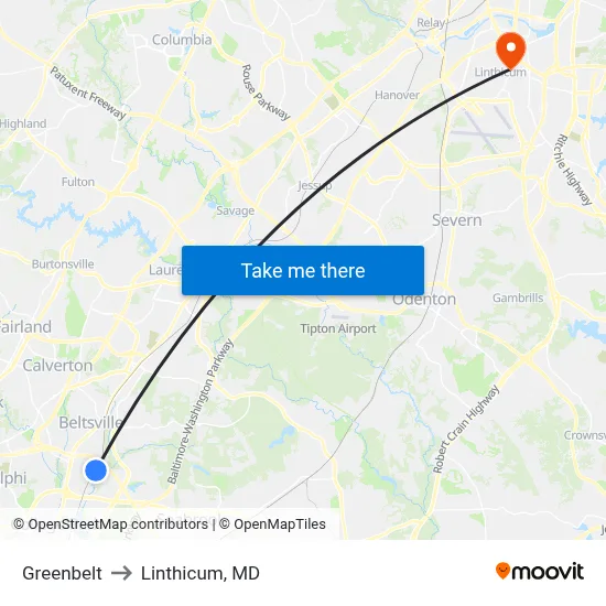 Greenbelt to Linthicum, MD map
