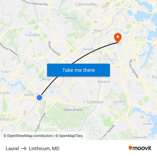 Laurel to Linthicum, MD map