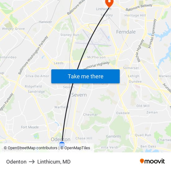 Odenton to Linthicum, MD map