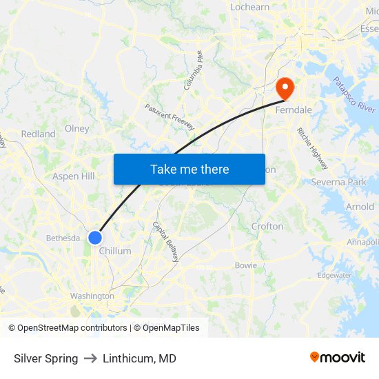 Silver Spring to Linthicum, MD map