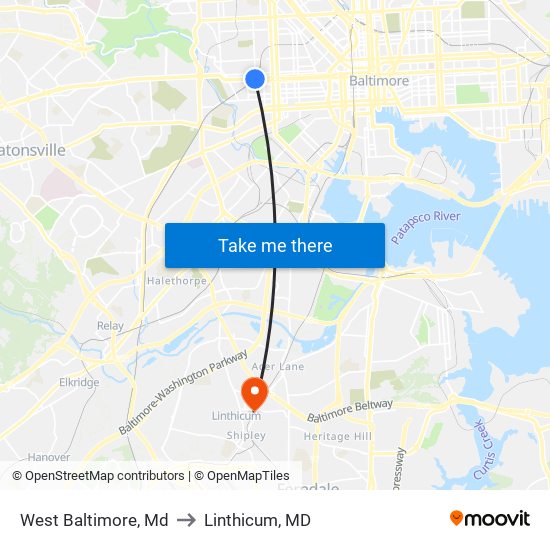 West Baltimore, Md to Linthicum, MD map