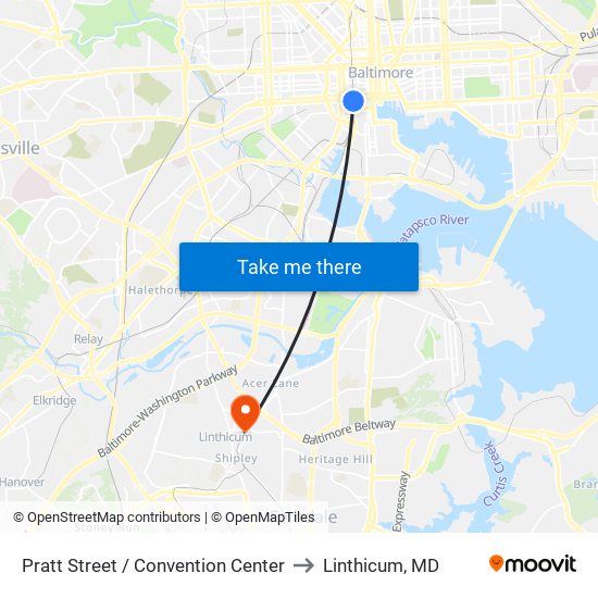 Pratt Street / Convention Center to Linthicum, MD map