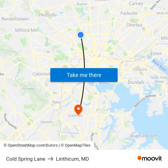 Cold Spring Lane to Linthicum, MD map