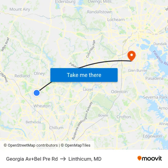 Georgia Av+Bel Pre Rd to Linthicum, MD map