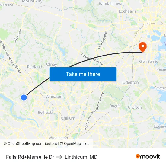 Falls Rd+Marseille Dr to Linthicum, MD map