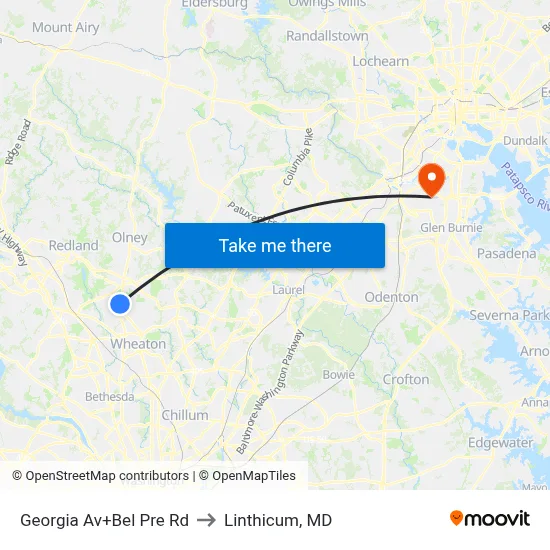 Georgia Av+Bel Pre Rd to Linthicum, MD map