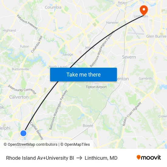 Rhode Island Av+University Bl to Linthicum, MD map