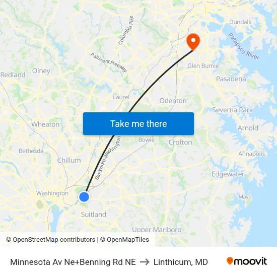 Minnesota Av Ne+Benning Rd NE to Linthicum, MD map