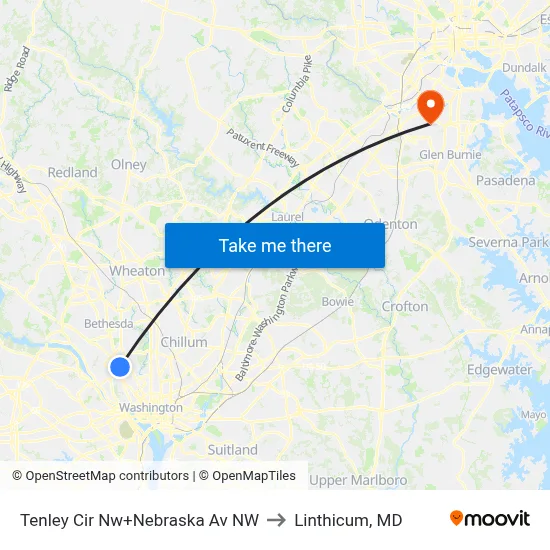 Tenley Cir Nw+Nebraska Av NW to Linthicum, MD map