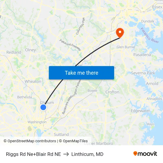 Riggs Rd Ne+Blair Rd NE to Linthicum, MD map