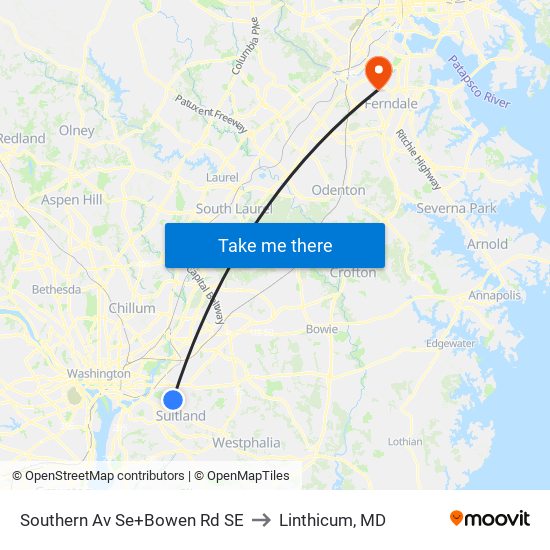 Southern Av Se+Bowen Rd SE to Linthicum, MD map