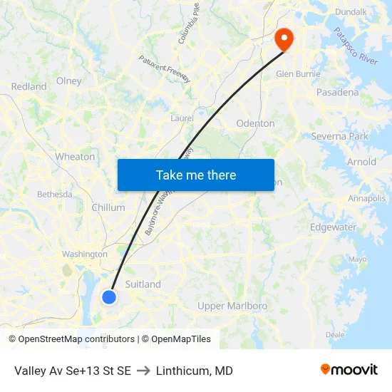 Valley Av Se+13 St SE to Linthicum, MD map