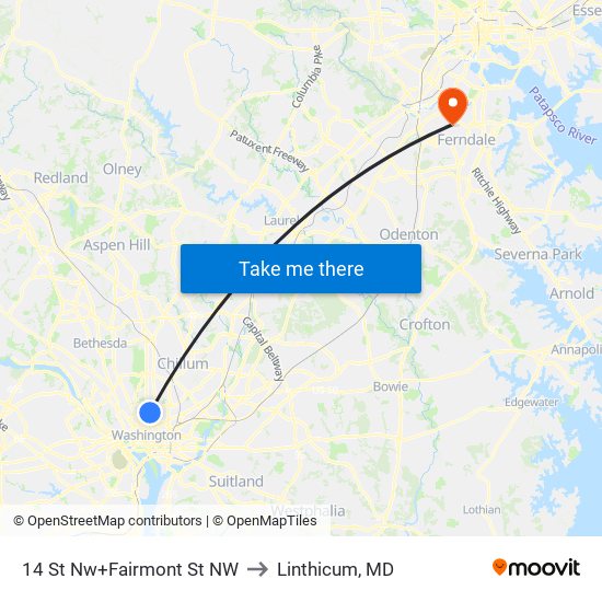 14 St Nw+Fairmont St NW to Linthicum, MD map