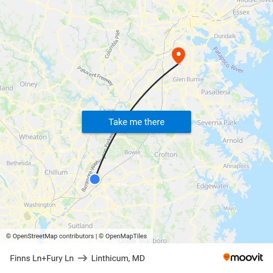 Finns Ln+Fury Ln to Linthicum, MD map