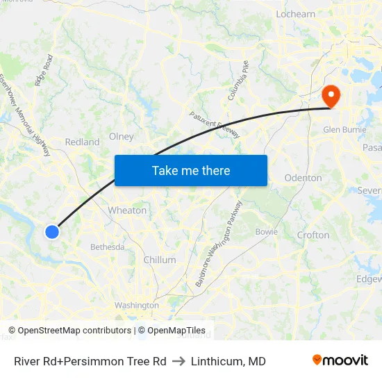 River Rd+Persimmon Tree Rd to Linthicum, MD map