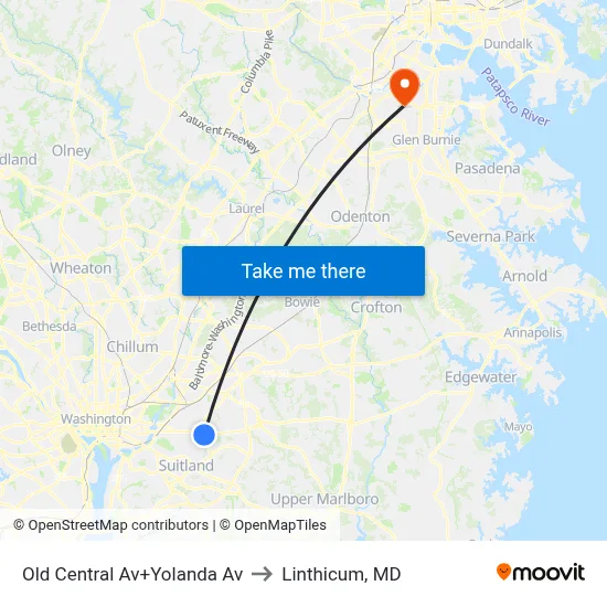 Old Central Av+Yolanda Av to Linthicum, MD map