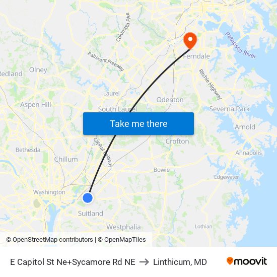 E Capitol St Ne+Sycamore Rd NE to Linthicum, MD map