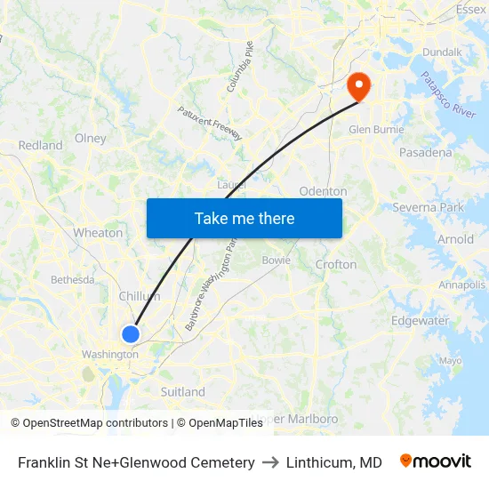 Franklin St Ne+Glenwood Cemetery to Linthicum, MD map